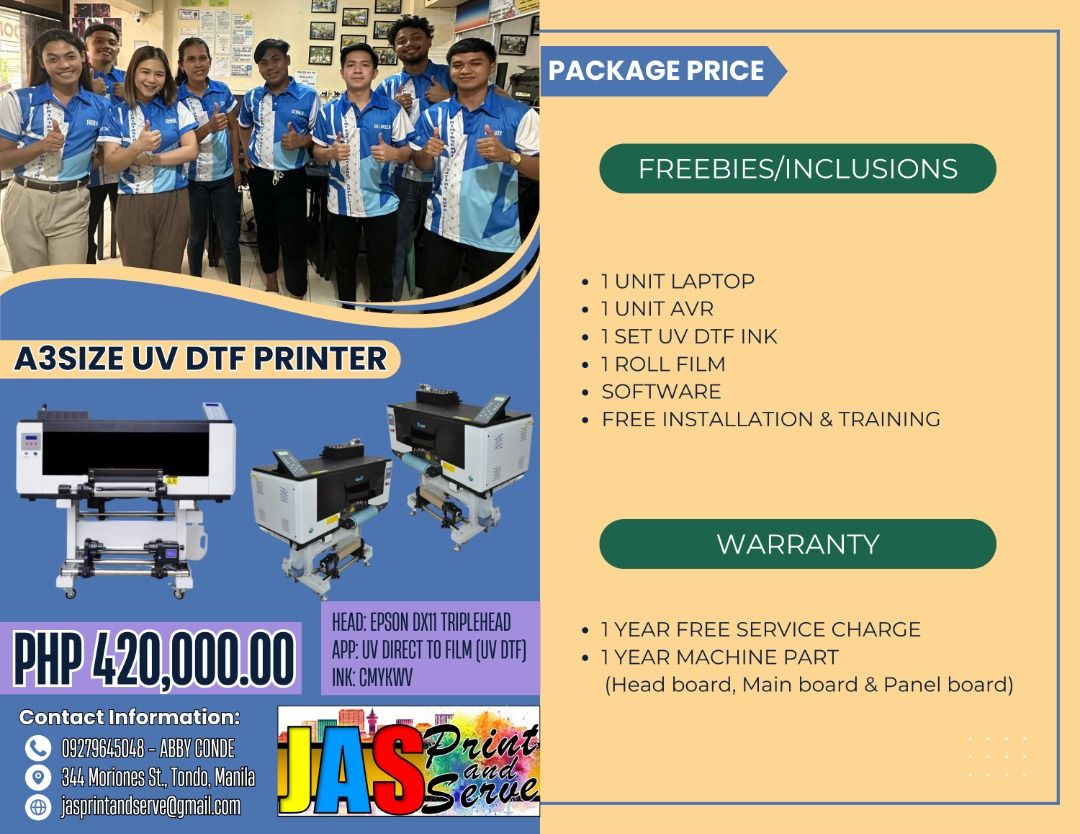 A2 UV DTF PRINTER (Category: Printers, Scanners & Copiers) located in Manila. Submitted by abbyconde (Listing ID 1422446245, Image 1). Description: Printhead: DX11/i3200 *Application: Eco Solvent/Sublimation *Size: 6ft/10ft *with Warranty *Free Installation and Training *with lots of Freebies *After Sales Support!!! For more details, kindly contact; Name: Abby Conde Position: Sales Consultant Company: JASPRINT AND SERVE PRINTING SUPPLY Contact No
