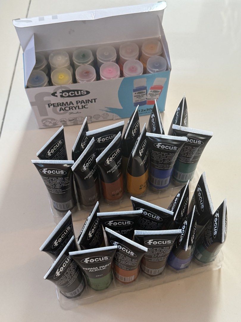 Acrylic Focus Perma Paint with Brushes & Pencils (Category: Art & Prints) located in Mandaluyong City. Submitted by mockinqjay (Listing ID 1422421659, Image 2). Description: A steal!! Bought all for over 1k pesos Paint bundle: - Three (3) boxes of acrylic paint sets - Gold and silver acrylic paint - Brushes - Pencils Paints are brand new or like new. Some colors haven’t been used and the other colors are only squeezed out a few times. Was only us