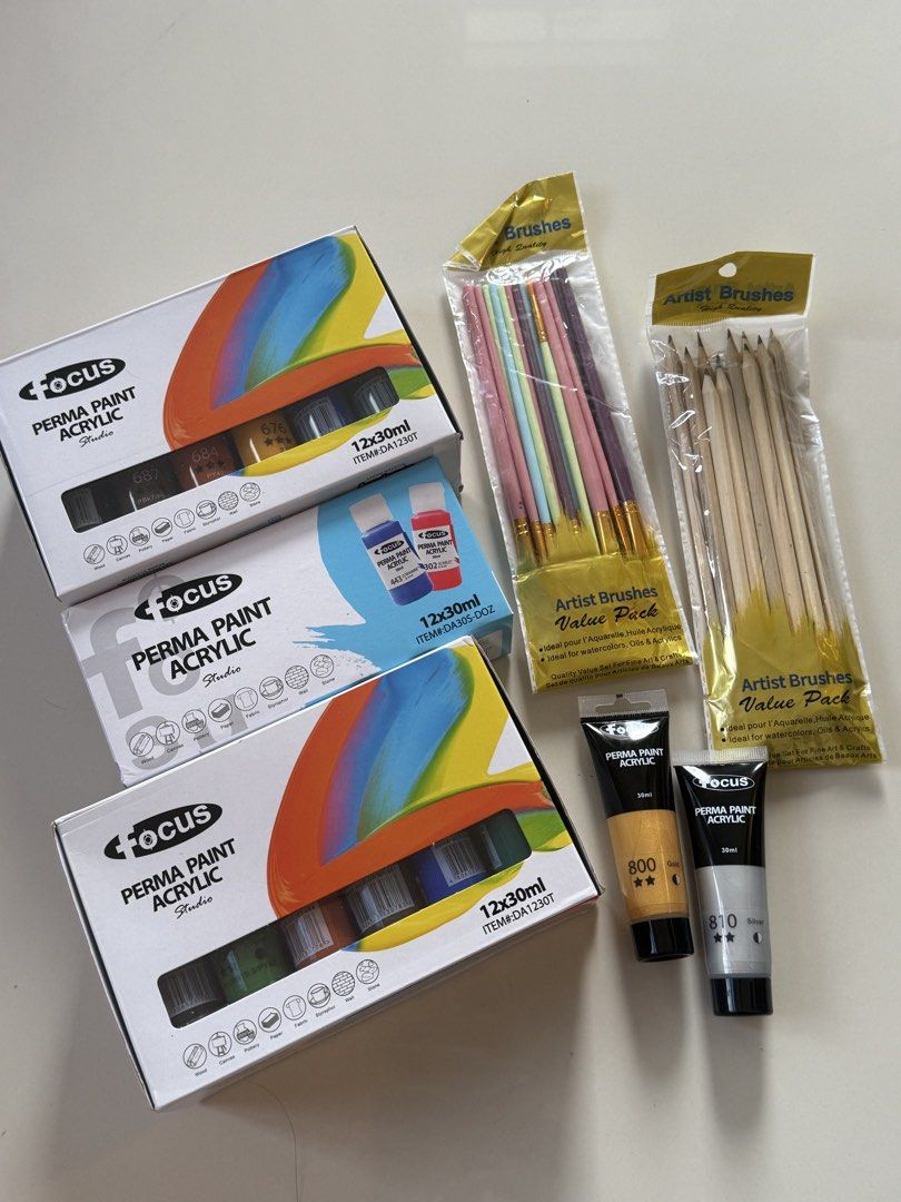 Acrylic Focus Perma Paint with Brushes & Pencils (Category: Art & Prints) located in Mandaluyong City. Submitted by mockinqjay (Listing ID 1422421659, Image 1). Description: A steal!! Bought all for over 1k pesos Paint bundle: - Three (3) boxes of acrylic paint sets - Gold and silver acrylic paint - Brushes - Pencils Paints are brand new or like new. Some colors haven’t been used and the other colors are only squeezed out a few times. Was only us