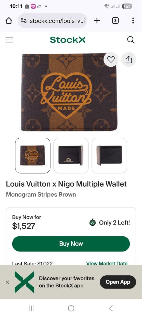 Authentic Louis Vuitton x Nigo Multiple Wallet (Category: Luxury Bags & Wallets) located in Pasig City. Submitted by sai1032013 (Listing ID 1422419912, Image 3). Description: - Authentic Louis Vuitton x Nigo Multiple Wallet - Monogram Stripes Brown - Features a unique heart-shaped design - Includes a dust bag - Multiple card slots and compartments - Dark brown interior.