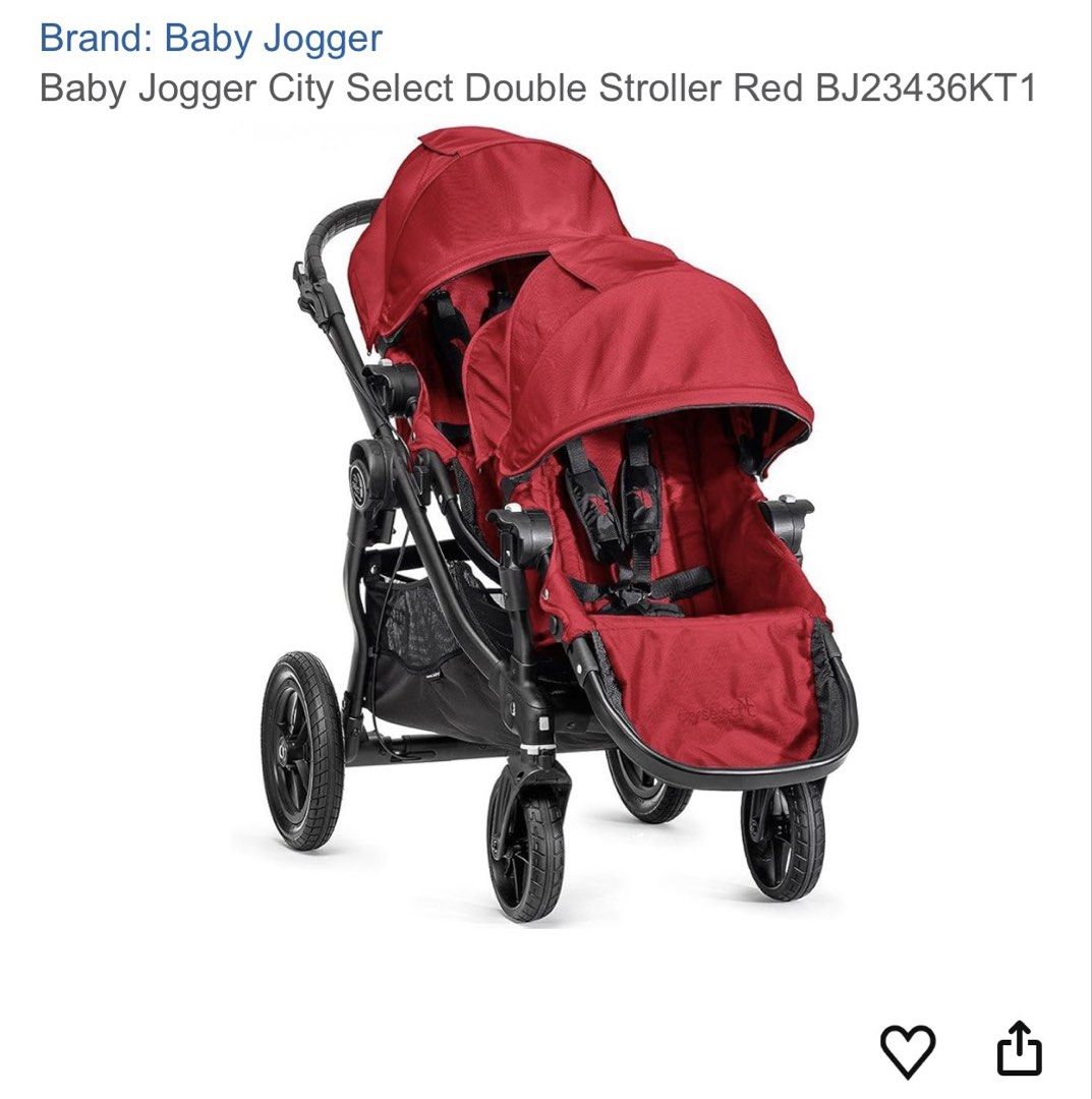 Baby Jogger City Select Double Stroller Red twin stroller (Category: Strollers) located in Manila. Submitted by avalanchesonlineshopmainacount (Listing ID 1422470357, Image 1). Description: - Baby Jogger City Select Double Stroller - Red color - Double seat configuration - Includes a second seat - 16 ways to ride - Quick-fold design for easy storage and transport - Black frame and wheels.