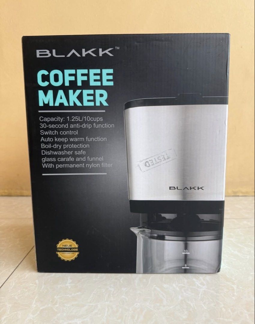 Blakk Coffee Maker (Category: Coffee Machines & Makers) located in Ibaan. Submitted by victoridee (Listing ID 1422534671, Image 1). Description: Blakk coffee maker with a capacity of 1.25L/10 cups. Features a 30-second anti-drip function, switch control, auto keep warm function, and boil-dry protection. It is dishwasher safe and includes a glass carafe and funnel with a permanent nylon filter. Power is 750W, 230V a.c. 60Hz. Size is 288 x 151 x 31