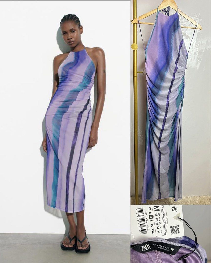 Brandnew Zara Halter Neck Midi Dress (Category: Dresses) located in Bislig. Submitted by missdjhen (Listing ID 1422500361, Image 1). Description: - Zara midi dress - Size: M - Design: Halter neck with ruched detail - Print: Purple and blue watercolor - Condition: Brand new with tags - Perfect for various occasions.