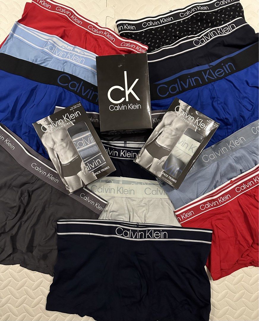Calvin Klein Cotton Stretch 3-Pack Trunks (Category: Underwear) located in Paranaque City. Submitted by missmargerrieal (Listing ID 1422533814, Image 2). Description: Calvin Klein Cotton Stretch 3-pack trunks. Available in various colors, including blue, black, red, and gray. Made of cotton stretch material. Each pack contains three boxer briefs. Sizes: S, M, L, XL Selling 550 per box ( 3pcs Boxer Briefs ) .