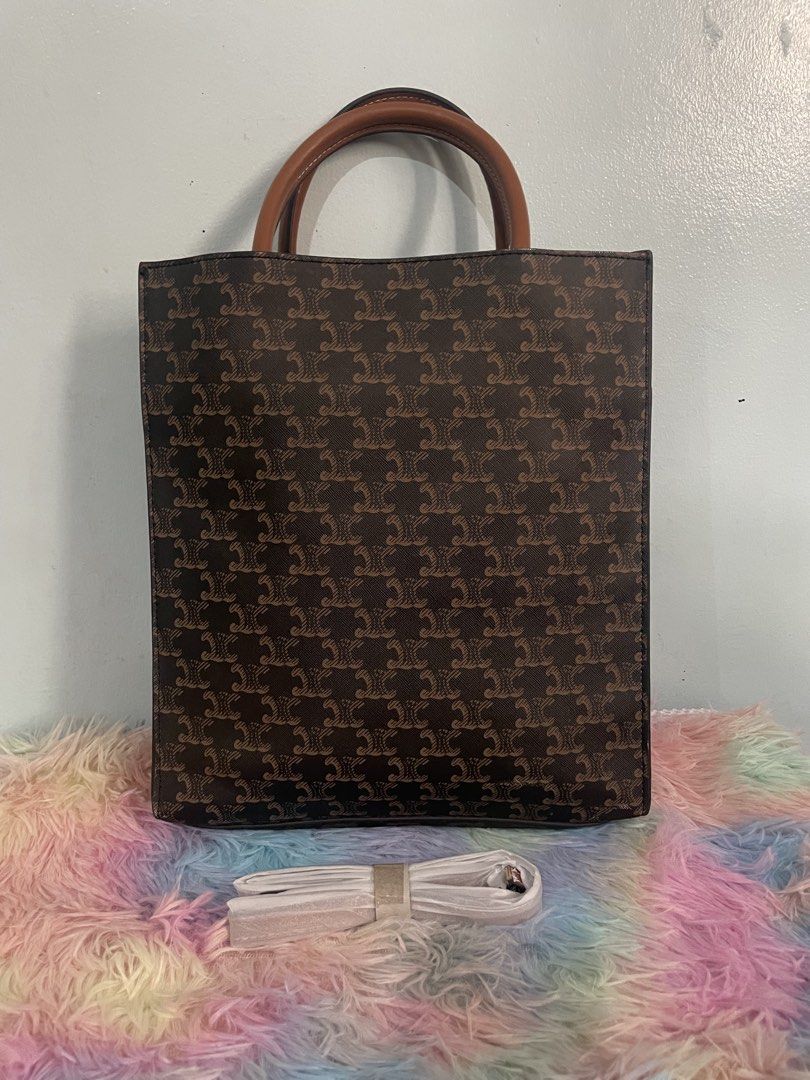 Celine Tote Bag with Shoulder Strap (Category: Luxury Bags & Wallets) located in Pasig City. Submitted by ladyboss1012 (Listing ID 1422483005, Image 3). Description: - Celine tote bag - Brown leather handles - Detachable shoulder strap - Celine logo detail - Repeating pattern exterior - Interior zippered pocket.
