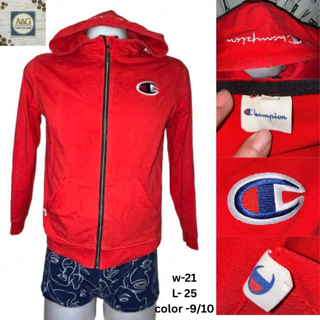 Champion Red Zip-Up Hoodie (Category: Hoodies) located in Manila. Submitted by chemoran (Listing ID 1422512565, Image 1). Description: - Champion zip-up hoodie - Features Champion logo on chest and hood - Full zip closure - Two pockets - Measurements: W-21, L-25 - Color rating: 9/10.