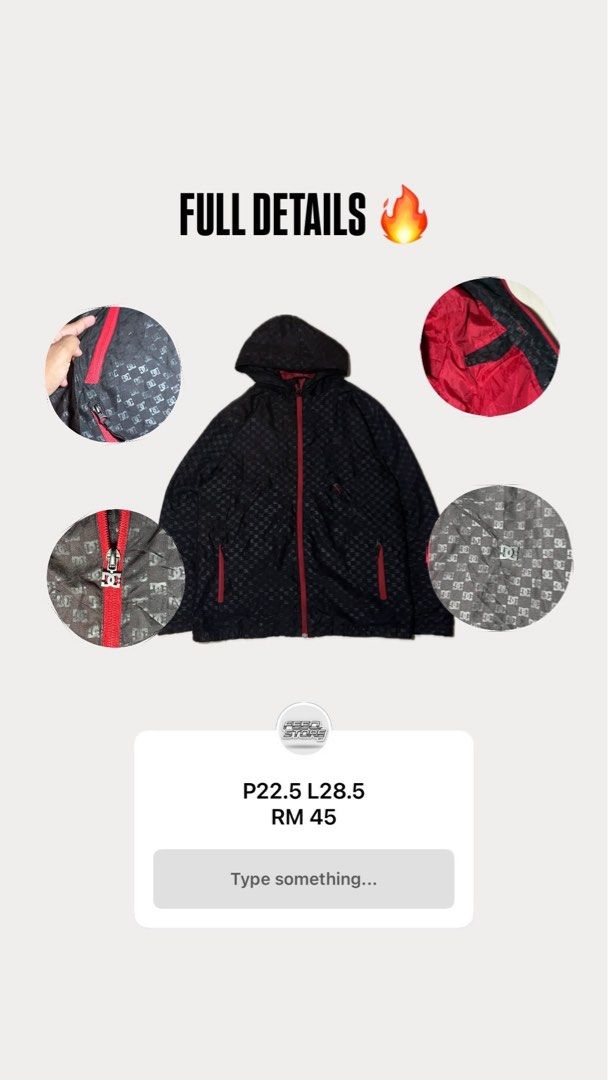 DC Windbreaker Jacket (Category: Coats, Jackets and Outerwear) located in Kuala Lumpur. Submitted by feeqstore.my (Listing ID 1422498621, Image 2). Description: - Black DC windbreaker jacket - Red accents and checkered pattern - Features a hood and full-length zipper - Two front pockets with red zippers - Measurements: P22.5, L28.5 - Price: RM35.
