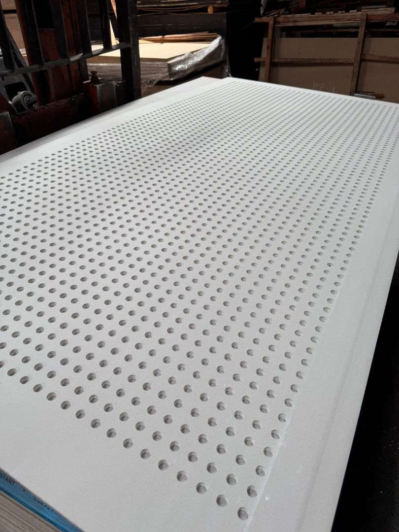Eastberg Perforated Gypsum Board Echo Shield (Category: Construction & Building Materials) located in Manila. Submitted by topanmarketingcorp (Listing ID 1422394768, Image 2). Description: Eastberg Echo Shield is an acoustic sound absorbing gypsum board with circular hole perforations and glass mat on paper back face. Designed for sound absorption, Eastberg Echo Shield has a noise reduction coefficient (NRC) value of 0.65 to 0.80. Available in: C