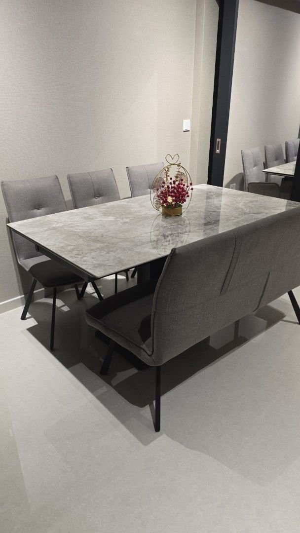 Extendable Dining Table Set (Category: Tables & Sets) located in Singapore. Submitted by jerrkyla (Listing ID 1422510291, Image 1). Description: -1.6m extendable to 2.4m - Purchased at 3.6k, letting go full set at 1.5k - Selling because I am moving to smaller unit -Able to view - Selling dining bench (140m) at $250 .