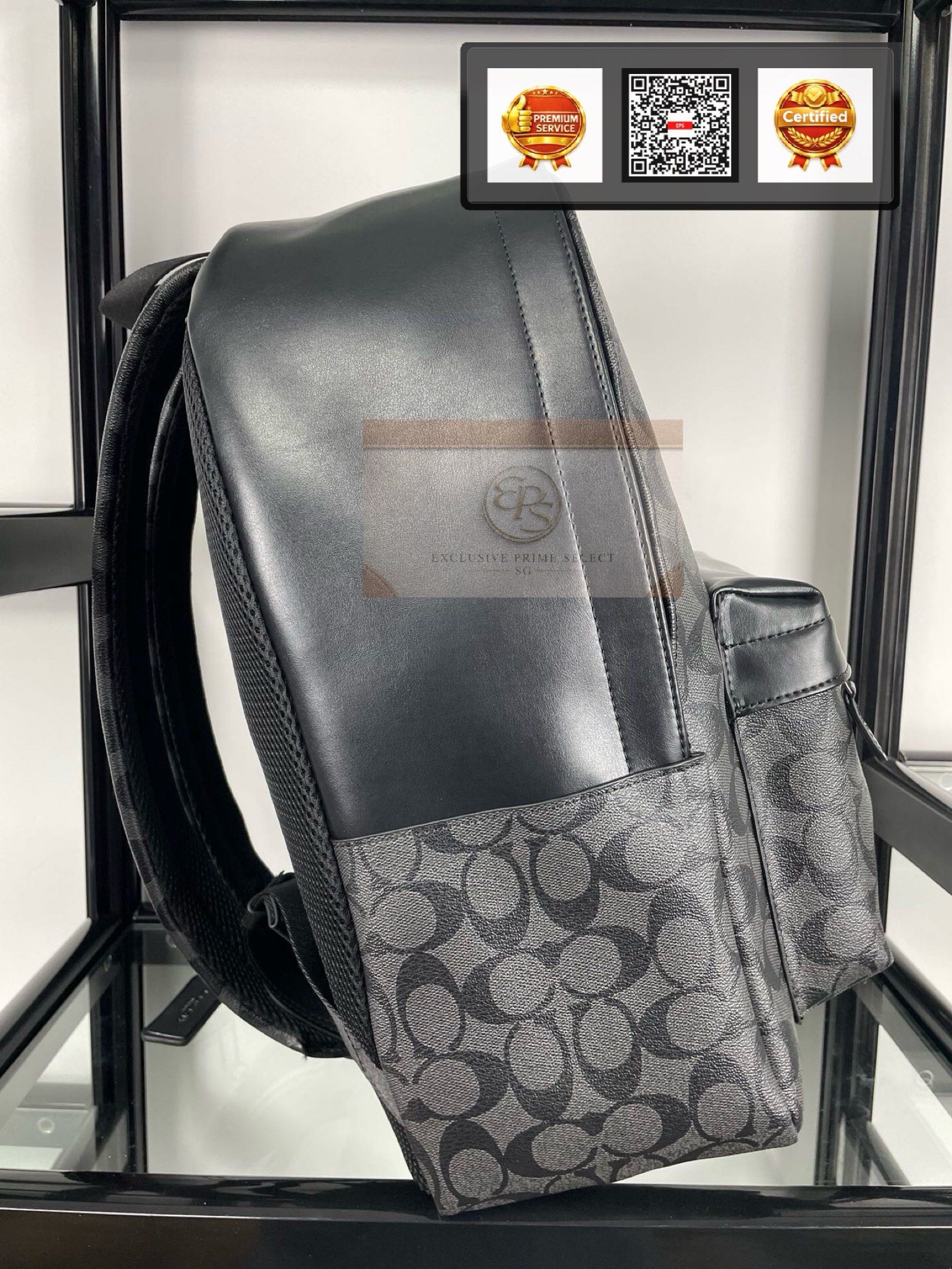 coach charles backpack in signature f55398 Large Charlie Backpack Black Brown F58314  Signature coated canvas and smooth leather Inside zip cell phone and multifunction pockets Laptop compartment with zip closure Zip closure recycled polyester lining Top handle with 3 drop Outside zip pocket Luggage sleeve Adjustable shoulder straps Fits a 16 laptop 11 3/4 (L) x 16 1/2 (H) x 6 (W) Style No. Coach Charles Backpack in Signature