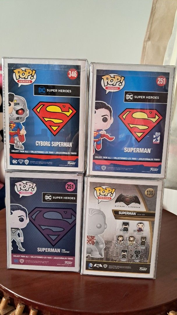 Funko Pop! DC Super Heroes Superman Figures (Category: Figurines & Statues) located in Santa Rosa. Submitted by majanice (Listing ID 1422503535, Image 2). Description: - Funko Pop! collection featuring DC Super Heroes Superman and Cyborg Superman. - Includes various Superman figures. - Figures are in their original boxes. - Includes figures numbered 251, 130, and 346. - Some boxes have a 'Hot Topic' sticker. price is 1500 each buy all for 4000.