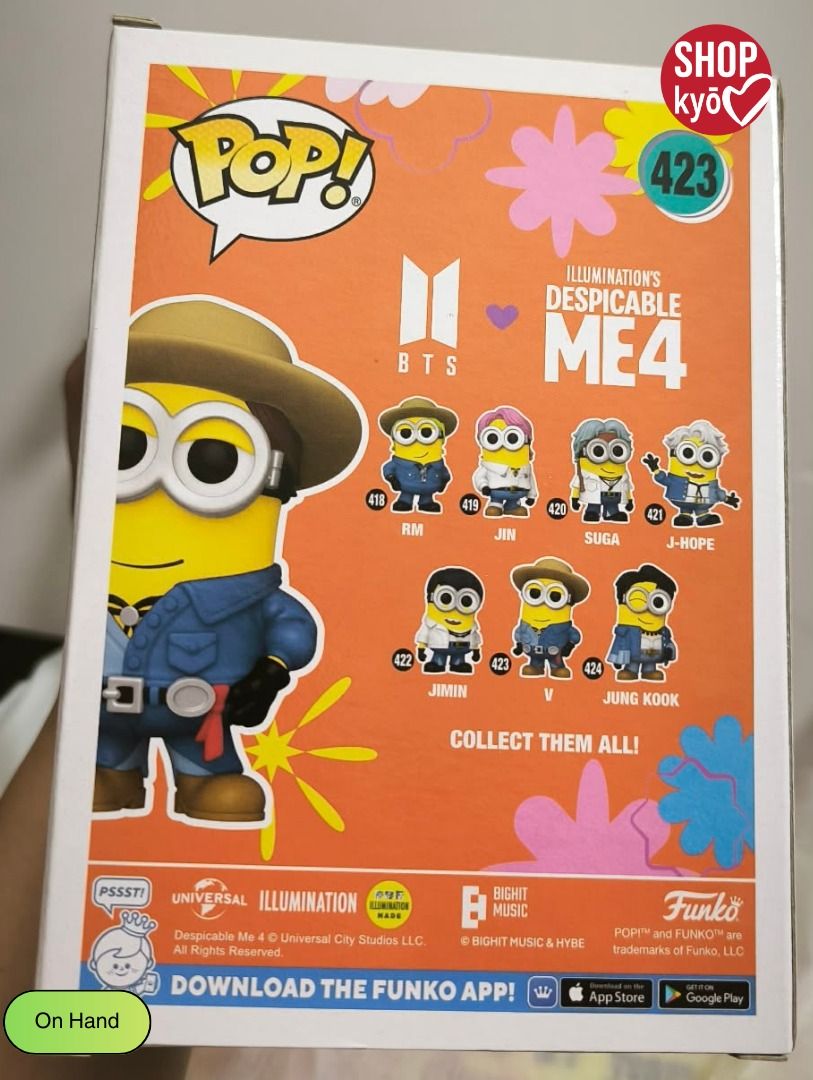 Funko Pop! Despicable Me 4 BTS V Minion (Category: Designer & Blind Box Toys) located in Las Pinas. Submitted by shopkyo.922 (Listing ID 1422525758, Image 2). Description: - Original packaging - Never been opened - Color may slightly differ due to lighting **Feel free to message us for more photos :) MOP: Gcash/Bank Transfer Delivery can be arranged at buyer's expense..