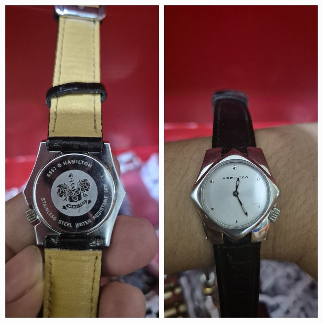 Hamilton Stainless Steel Watch (Category: Luxury Watches) located in Manila. Submitted by PIT2007 (Listing ID 1422469683, Image 1). Description: - Hamilton watch - Silver dial - Black leather strap - Octagonal case - Stainless steel back - Water resistant - Classic design.