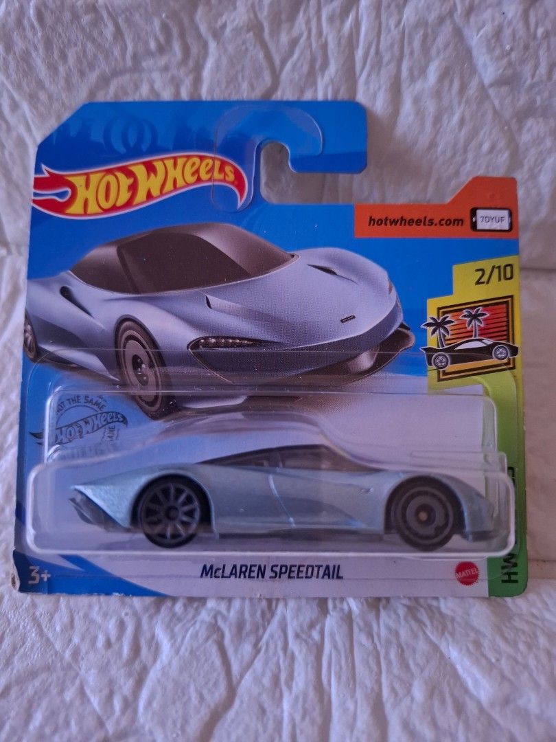 Hot Wheels McLaren Speedtail (Category: Vehicle & Diecast Models) located in Narvacan. Submitted by jigger85_2ndaccount (Listing ID 1422404824, Image 1). Description: - Hot Wheels McLaren Speedtail diecast car - Light blue color - Part of the 2/10 series - Comes in original packaging - Packaging features Hot Wheels logo and McLaren Speedtail model name - Suitable for ages 3+.