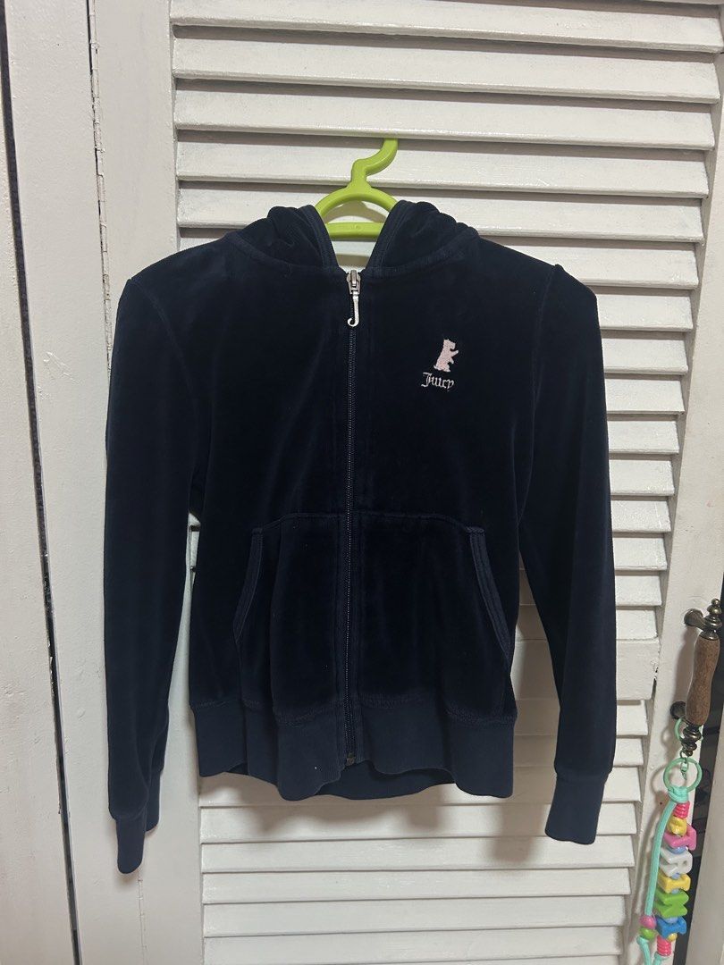 Juicy Couture Velour Hoodie (Category: Babies & Kids Fashion) located in Manila. Submitted by treenitea (Listing ID 1422462829, Image 1). Description: - Authentic Juicy Couture hoodie - Navy blue color - Size 4 - Zip-up front - Two front pockets - Embroidered Juicy Couture logo - Comfortable velour fabric.