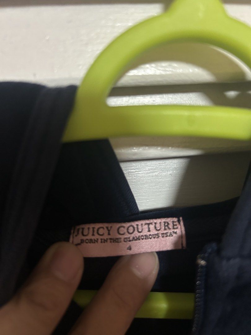 Juicy Couture Velour Hoodie (Category: Babies & Kids Fashion) located in Manila. Submitted by treenitea (Listing ID 1422462829, Image 2). Description: - Authentic Juicy Couture hoodie - Navy blue color - Size 4 - Zip-up front - Two front pockets - Embroidered Juicy Couture logo - Comfortable velour fabric.