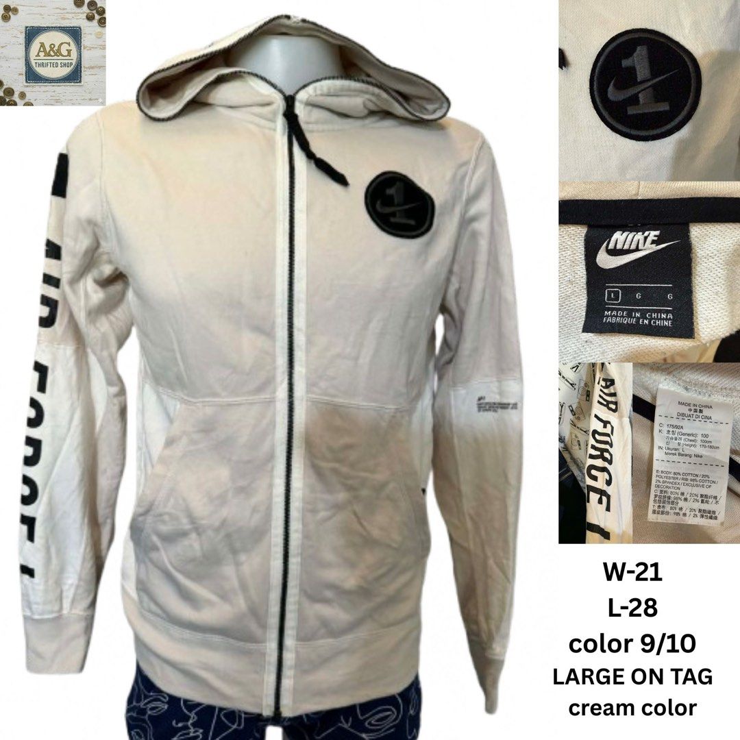Nike Air Force Cream Hoodie (Category: Hoodies) located in Manila. Submitted by chemoran (Listing ID 1422520403, Image 1). Description: - Cream-colored Nike Air Force hoodie - Size: Large - Features: Full zip, hood, Air Force logo on sleeve - Condition: 9/10 - Made in China.