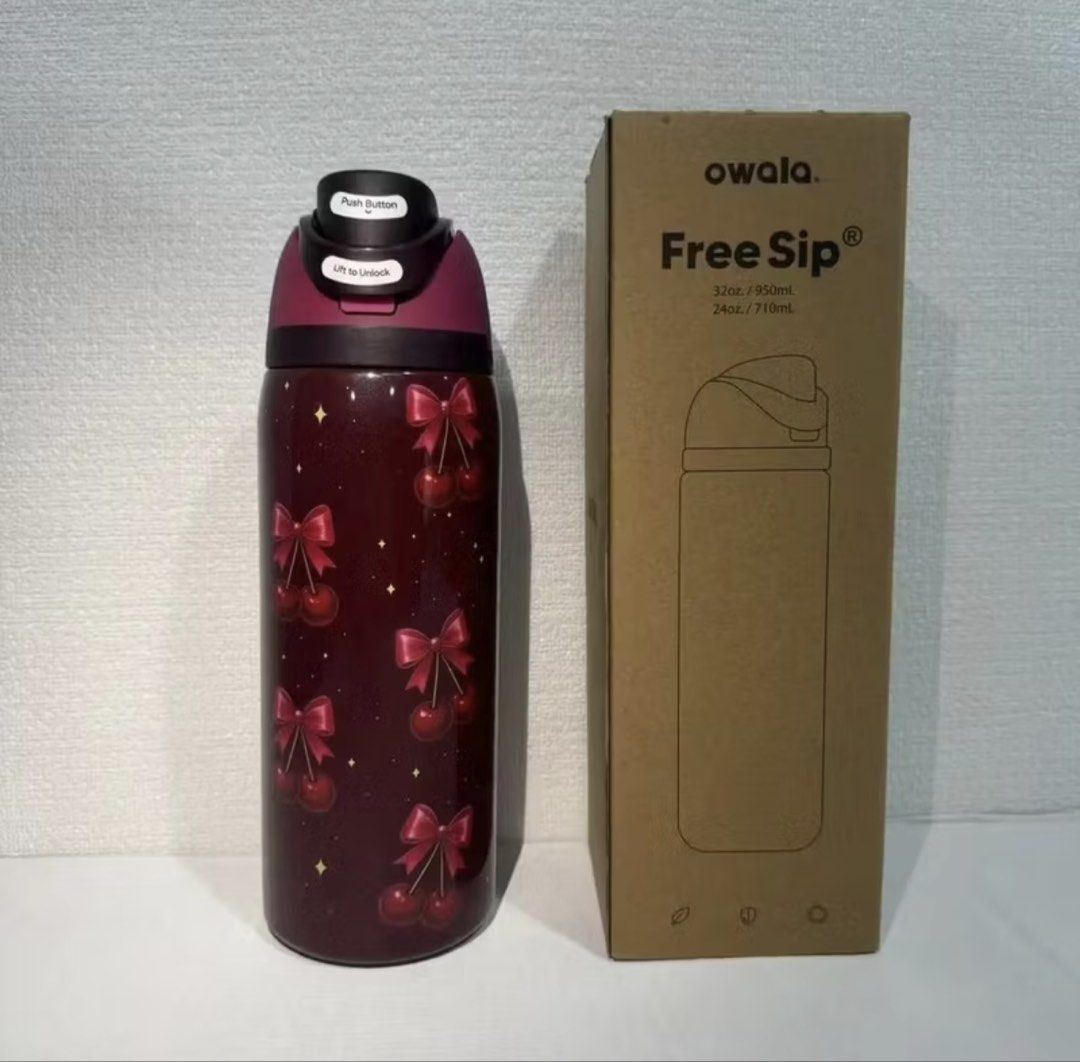 Owala FreeSip 32oz Cherry Water Bottle (Category: Water Bottles & Tumblers) located in Las Pinas. Submitted by sircsarchives (Listing ID 1422431860, Image 2). Description: - Owala FreeSip water bottle - Cherry design - 32oz / 950ml capacity - Push-button lid - Convenient carrying handle - Brand new, in original box.