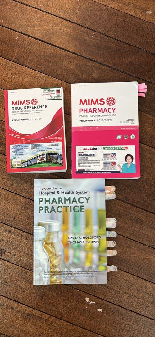Pharmacy books (Category: Textbooks) located in Calasiao. Submitted by hestia_27 (Listing ID 1422437810, Image 1). Description: - Set of pharmacy textbooks. ‼️Take all for 800 pesos‼️ - Includes: - MIMS Drug Reference (June 2019) - MIMS Pharmacy Patient Counselling Guide (2019/2020) - Introduction to Hospital & Health-System Pharmacy Practice.