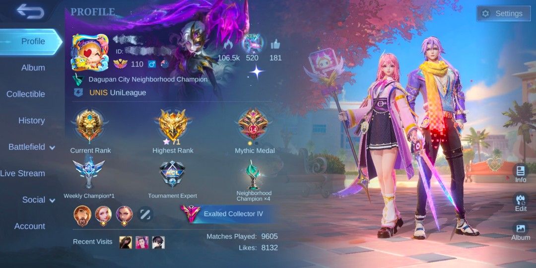 Premium MLBB Account (Category: Game Gift Cards & Accounts) located in Manila. Submitted by heavenne.tree (Listing ID 1422299859, Image 1). Description: ​🔥 [WTS] 383 SKINS | EXALTED COLLECTOR IV | CLEAN TRANSFER 🔥 ​✨ ACCOUNT CORE STATS ​• Level: 110 | Current Rank: Legend I (Highest: Mythic 71★) • ​Win Rate: 66.05% | Matches: 9,605 | MVPs: 2,618 • ​Collector Points: 107,150/110,000 (Exalted IV) • ​Emblems: All Maxed Out (Lv 60) ​💎 FEATURED COL