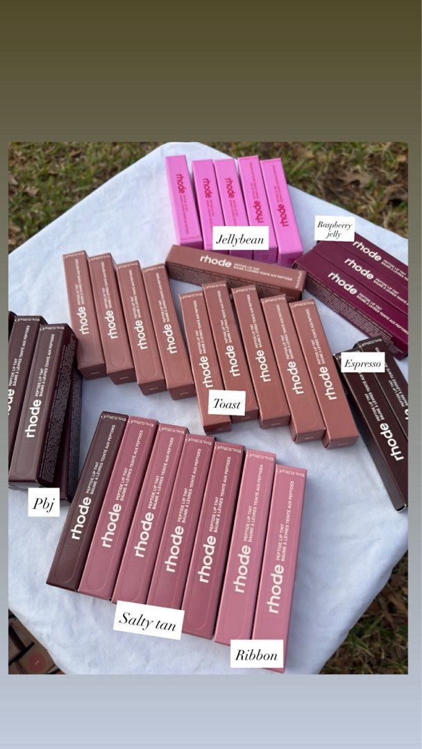 Rhode Peptide Lip Tint (Category: Makeup) located in Quezon City. Submitted by bangtankthv (Listing ID 1422526768, Image 1). Description: ONHAND ‼️ - Rhode Peptide Lip Tints available - Shades: PBJ - 12 pcs Unscented - 2 pcs Ribbon - 2 pcs Toast - 8 pcs Salted Caramel - 2 pcs Watermelon - 1 pc Vanilla - 1 pc Salty Tan - 1 pc Rasberry Jelly - 4 pcs.