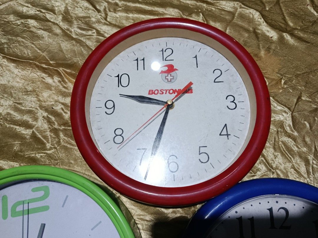 Take it All Bundle Round Wall Clock for Parts Display (Category: Clocks) located in Quezon City. Submitted by truephoenix.16cee3 (Listing ID 1422477639, Image 3). Description: Condition used, not working. Manage expectations. For parts and display. Color green - glass, the body not attached to the glass frame. Not working. Color red - not working, plastic cover Color blue - not working, plastic cover, many scratches Sold for bundle. Package inclu