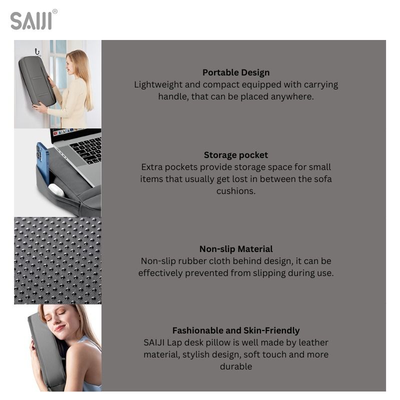 SAIJI GX1L Ergonomic Lap Desk (Category: Tables & Sets) located in Manila. Submitted by checqout (Listing ID 1422537316, Image 3). Description: SAIJI GX1/GX1L lap desk is designed for comfort and convenience. It features a built-in mouse pad, phone holder, and a soft cushion for your lap. The desk is lightweight and ergonomic, making it ideal for working or studying from your couch or bed. It is suitable for laptops of various sizes. SAIJI GX1L L