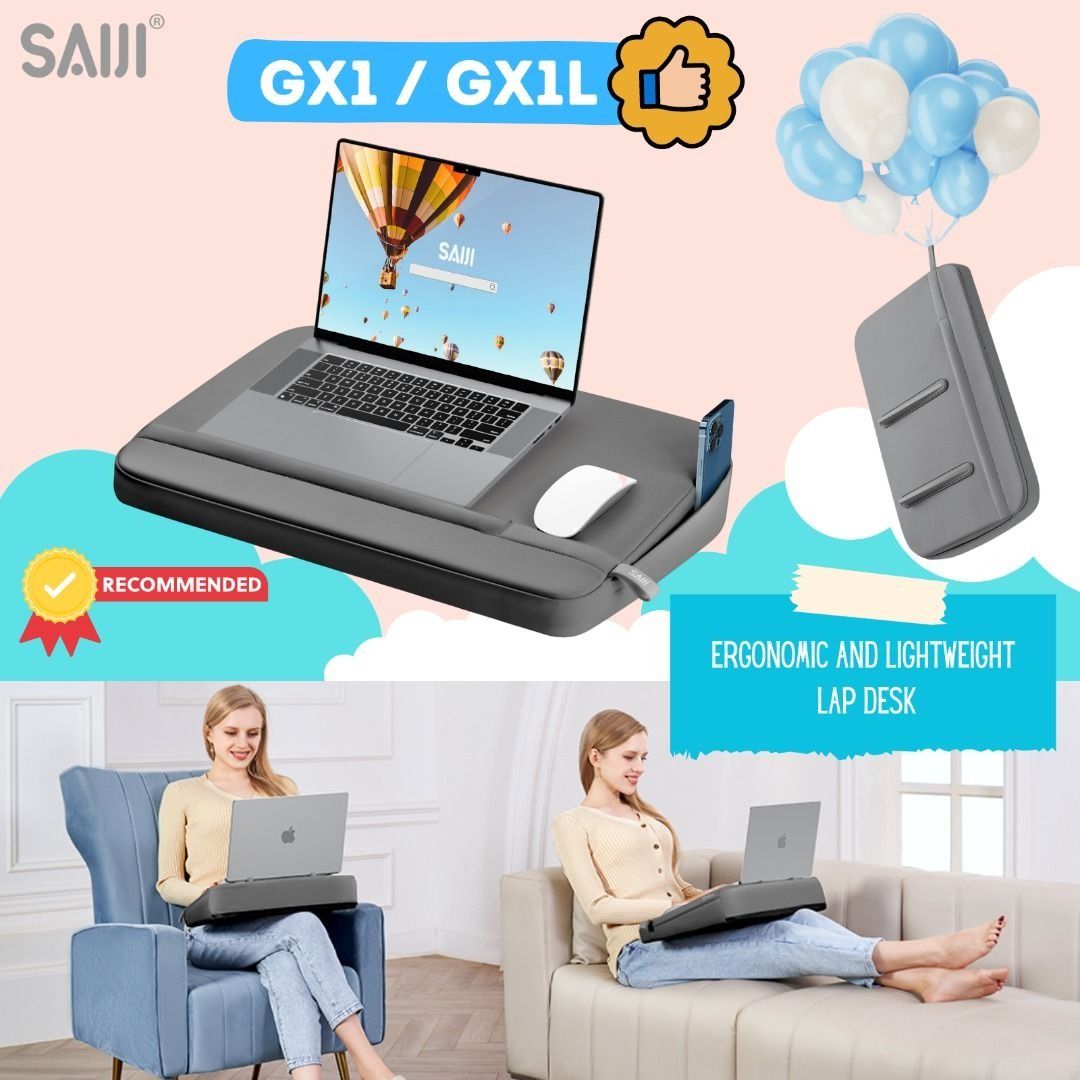 SAIJI GX1L Ergonomic Lap Desk (Category: Tables & Sets) located in Manila. Submitted by checqout (Listing ID 1422537316, Image 1). Description: SAIJI GX1/GX1L lap desk is designed for comfort and convenience. It features a built-in mouse pad, phone holder, and a soft cushion for your lap. The desk is lightweight and ergonomic, making it ideal for working or studying from your couch or bed. It is suitable for laptops of various sizes. SAIJI GX1L L