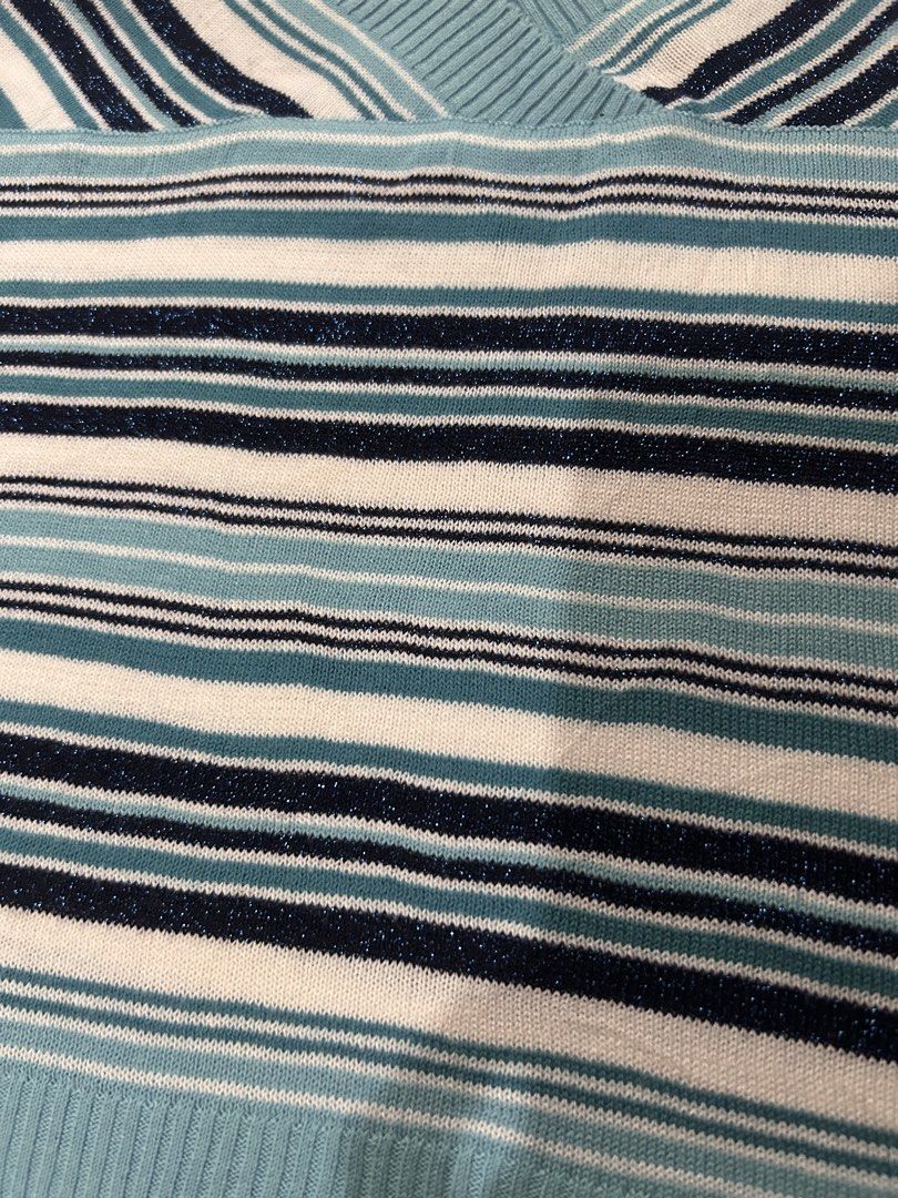 Striped Knit Tank Top (Category: Sleeveless) located in Quezon City. Submitted by rhaez (Listing ID 1422478765, Image 2). Description: - V-neck knit tank top - Blue and white striped pattern - Lightweight knit fabric - Ribbed hem and straps - Perfect for warm weather - Versatile for casual outfits.