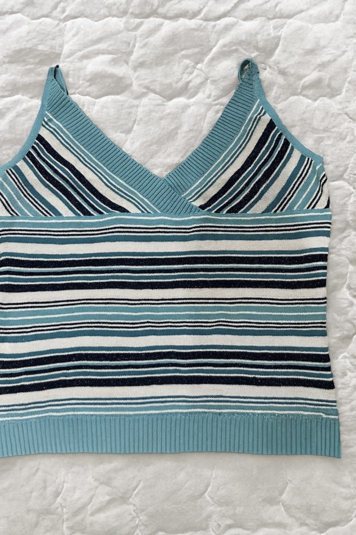 Striped Knit Tank Top (Category: Sleeveless) located in Quezon City. Submitted by rhaez (Listing ID 1422478765, Image 1). Description: - V-neck knit tank top - Blue and white striped pattern - Lightweight knit fabric - Ribbed hem and straps - Perfect for warm weather - Versatile for casual outfits.