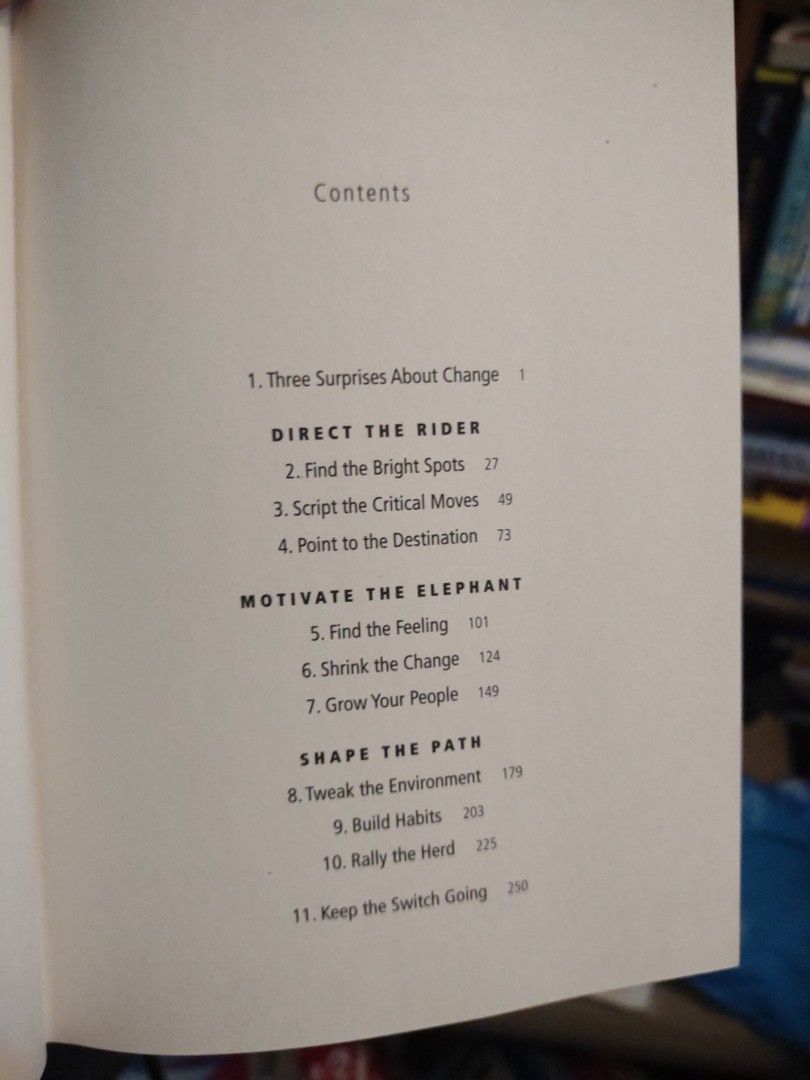 Switch: How to Change Things When Change is Hard (Category: Storybooks) located in Manila. Submitted by preloved.christine (Listing ID 1422507100, Image 2). Description: Book, "Switch: How to Change Things When Change is Hard" by Chip Heath & Dan Heath, is a New York Times bestseller. It covers topics like directing the rider, motivating the elephant, and shaping the path. The book's contents include chapters on finding bright spots, scripting cr