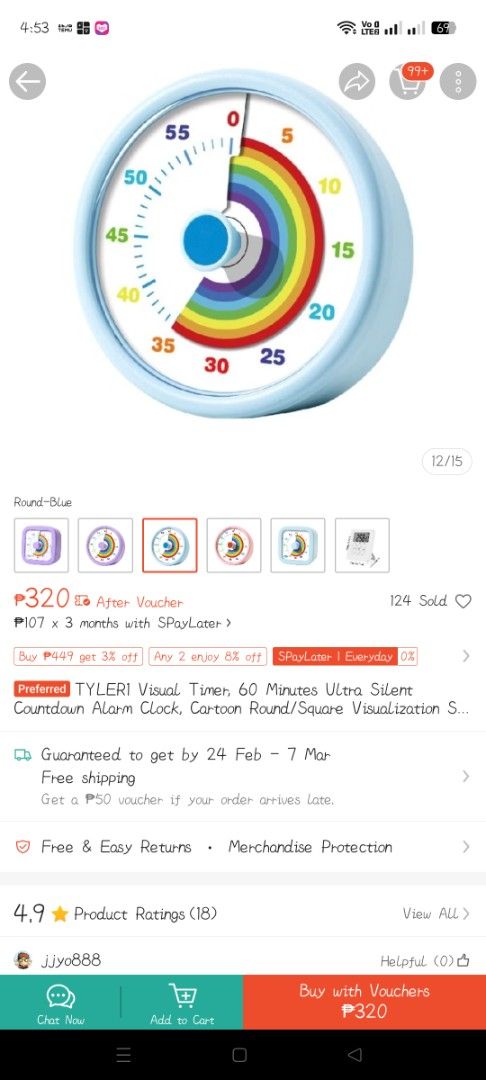 TYLERI Visual Countdown Timer - 60 Minutes (Category: Clocks) located in Taguig. Submitted by urico_anne23 (Listing ID 1422490873, Image 3). Description: - TYLERI Visual Countdown Timer - Silent alarm clock - Cartoon round design - 60-minute timer - Blue bezel with rainbow indicator - Easy to use and read - Ideal for time management.