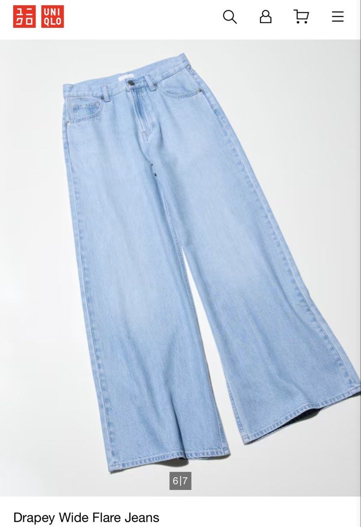 Uniqlo Drapey Wide Flare Jeans (Category: Jeans) located in Makati City. Submitted by chibepieth22739 (Listing ID 1422392278, Image 1). Description: - Uniqlo Drapey Wide Flare Jeans - Light blue wash - Wide-leg silhouette - Classic design - Button and zipper closure - Made of soft denim - Versatile style Size: 29 RFS: Wrong size was sent to me. Original price is 1,990 Now selling it for only 1200 Shipping fee c/o buyer.