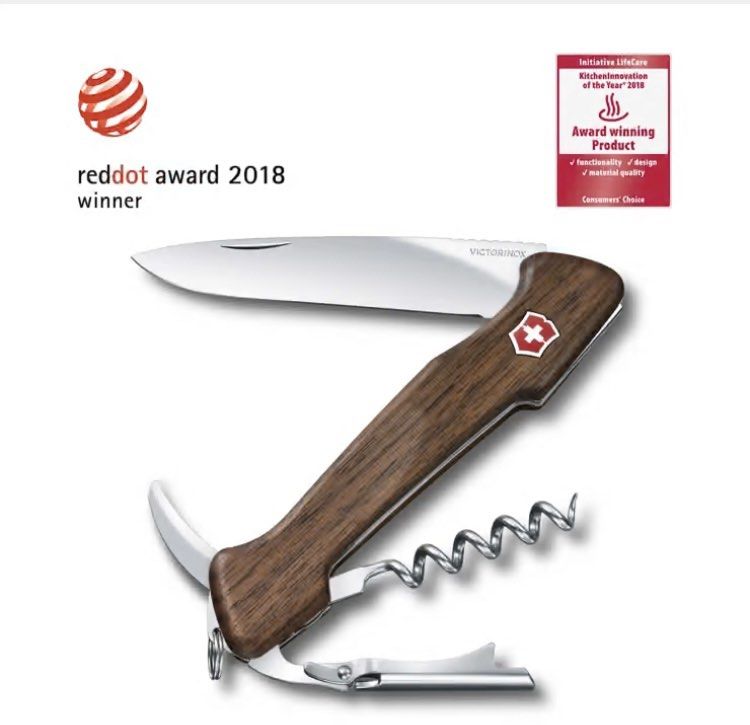 VICTORINOX Wine Master Walnut (Category: Knives & Chopping Boards) located in Paranaque City. Submitted by d33t00 (Listing ID 1422464196, Image 1). Description: Victorinox Wine Master is a multi-tool designed for wine enthusiasts. It features a wooden handle, a corkscrew, a blade, and a bottle opener. The set includes a leather pouch and a user's guide. It is a Red Dot Award winner from 2018. The item is in its original packaging. Brand new, with