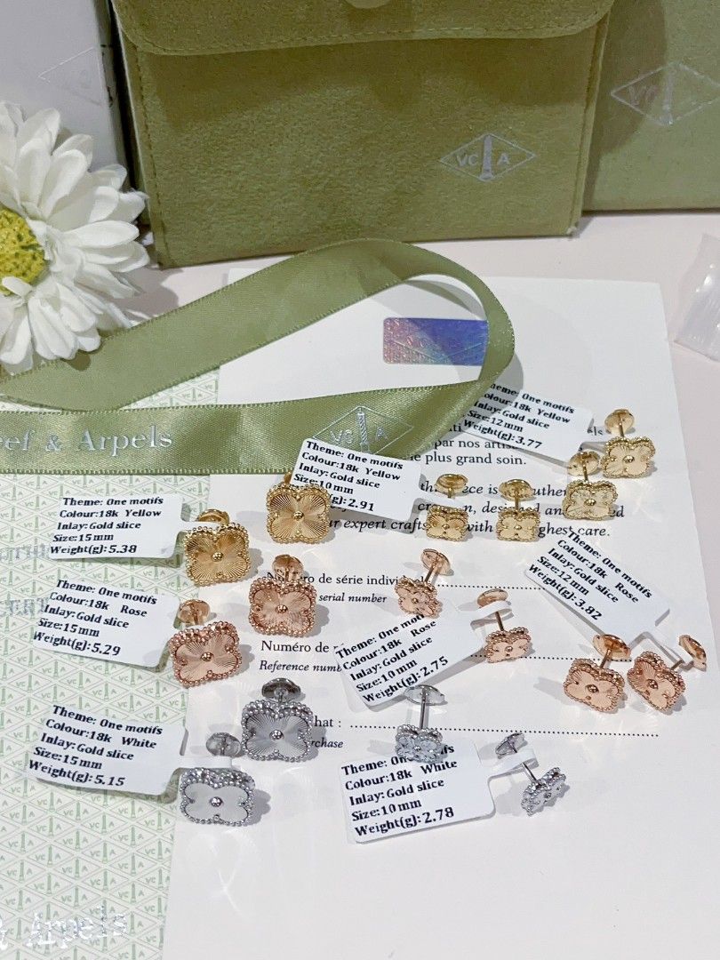 18k vca guilloche earings HK settings (Category: Earrings) located in Manila. Submitted by franchezleyjewelers (Listing ID 1422707297, Image 1). Description: Authentic Van Cleef & Arpels Alhambra earrings. Available in various colors: yellow gold, rose gold, and white gold. Features a clover motif with gold slice inlay. Size is 15mm or 10mm. Includes original packaging and documentation. A beautiful and elegant accessory for any occasion..