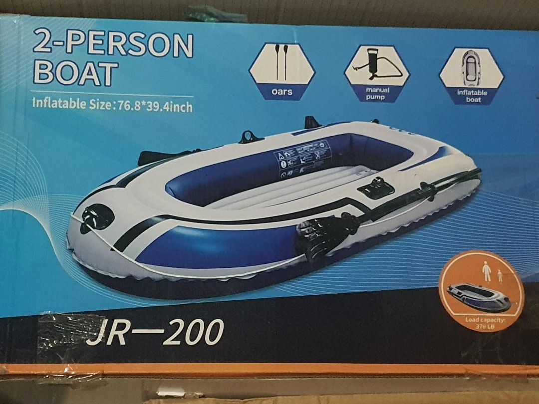 2-Person Inflatable Boat JR-200 (Category: Water Sports) located in Quezon City. Submitted by cuiquesuum (Listing ID 1422653454, Image 1). Description: - 2-person inflatable boat - Includes oars and manual pump - Inflated size: 76.8" x 39.4" - Stylish blue and white design - 200 lbs load capacity.