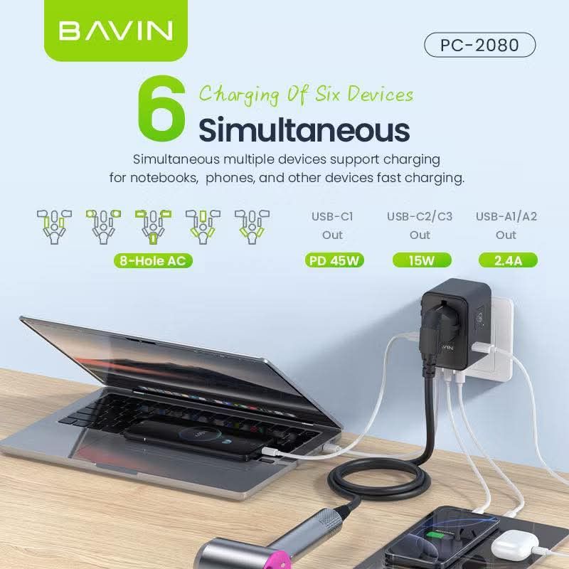 Bavin PC-2080 45W GaN Multi-Function Charger (Category: Chargers & Cables) located in Manila. Submitted by iliasjen3082126 (Listing ID 1422587741, Image 2). Description: ￼BAVIN PC2080 GaN PD45W Multi-function Travel Adapter .