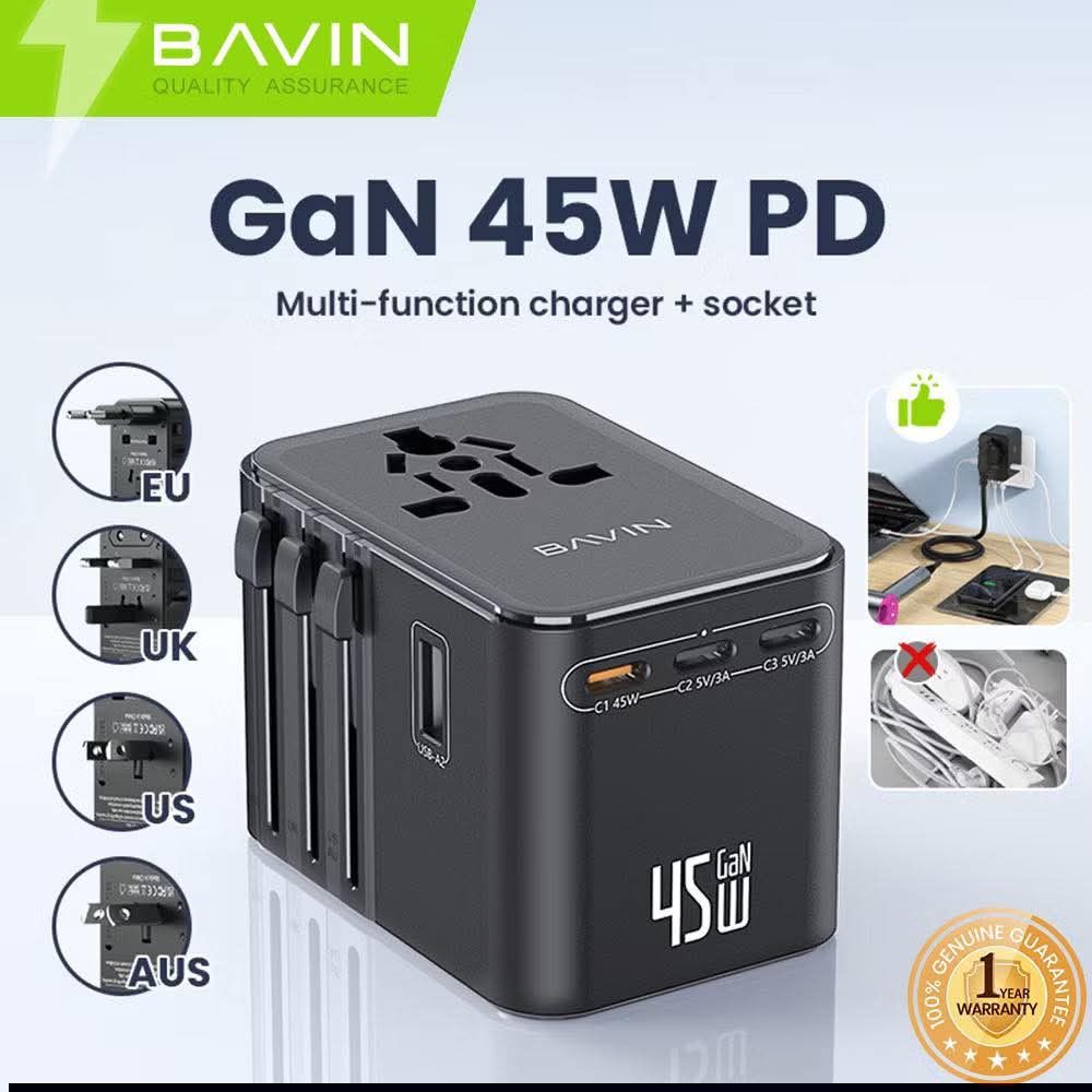 Bavin PC-2080 45W GaN Multi-Function Charger (Category: Chargers & Cables) located in Manila. Submitted by iliasjen3082126 (Listing ID 1422587741, Image 1). Description: ￼BAVIN PC2080 GaN PD45W Multi-function Travel Adapter .