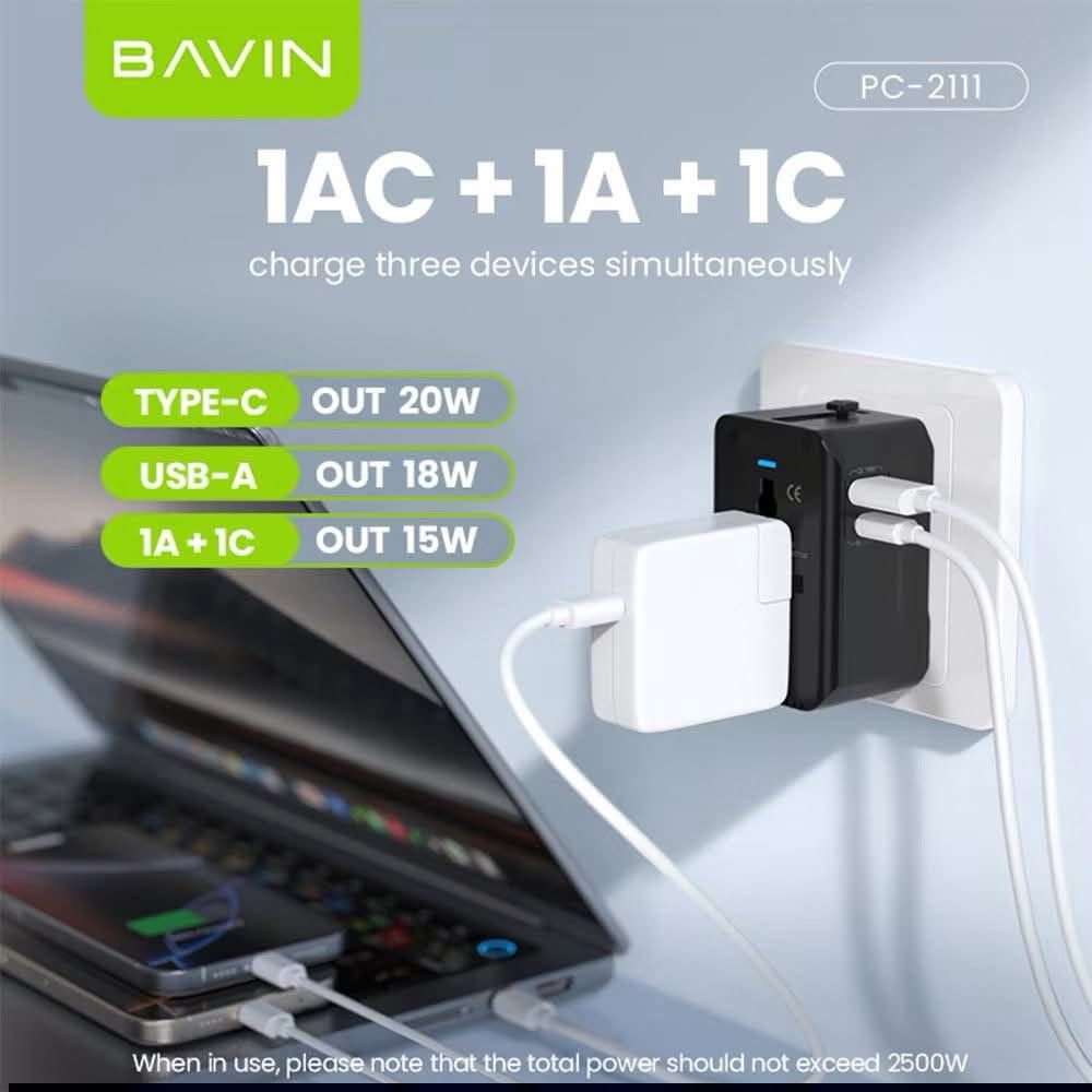 Bavin PC-2111 Universal Travel Adapter (Category: Cables & Adaptors) located in Manila. Submitted by iliasjen3082126 (Listing ID 1422584334, Image 2). Description: Bavin PC-2111 is a multi-function travel adapter with PD20W and QC18W charging capabilities. It features 1AC + 1A + 1C ports, allowing you to charge three devices simultaneously. Compatible with various electrical and digital products, it's palm-sized for easy portability. It offers mu