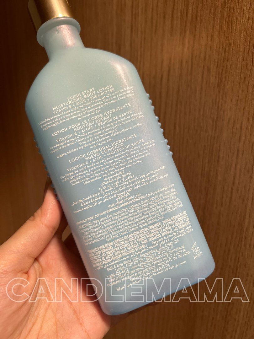 由 bathandbodyworks.hk (刊登 ID 1422651829，圖片 2) 提交，位於 Hong Kong 的 現貨包郵❤️BBW Aromatherapy Fresh Start ( Cedarwood +Sage ) Moisturising Body Lotion~ Bath & Body Works~ Candlemama (類別：沐浴及身體護理 - 身體護理)，說明：Free SF locker pick up 包順豐智能櫃自取 Bath & Body Works Fresh Start Sage & Cedarwood moisturising body lotion Contains shea butter and vitamin E The bottle has a pump dispenser and is 192 ml / 6.5 fl oz. The lotion is vegan and made with natural ingredients.