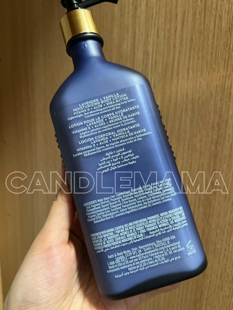 由 bathandbodyworks.hk (刊登 ID 1422652005，圖片 2) 提交，位於 Hong Kong 的 現貨包郵❤️BBW Aromatherapy Lavender + Vanilla Moisturising Body Lotion Bath & Body Works~ Candlemama (類別：沐浴及身體護理 - 身體護理)，說明：Free SF locker pick up 包順豐智能櫃自取 Bath & Body Works Aromatherapy Moisturizing Body Lotion Lavender + Vanilla Contains shea butter and vitamin E. The bottle is 192 ml / 6.5 fl oz. The lotion is designed to hydrate the skin. Ingredients include water, aloe, and essentia