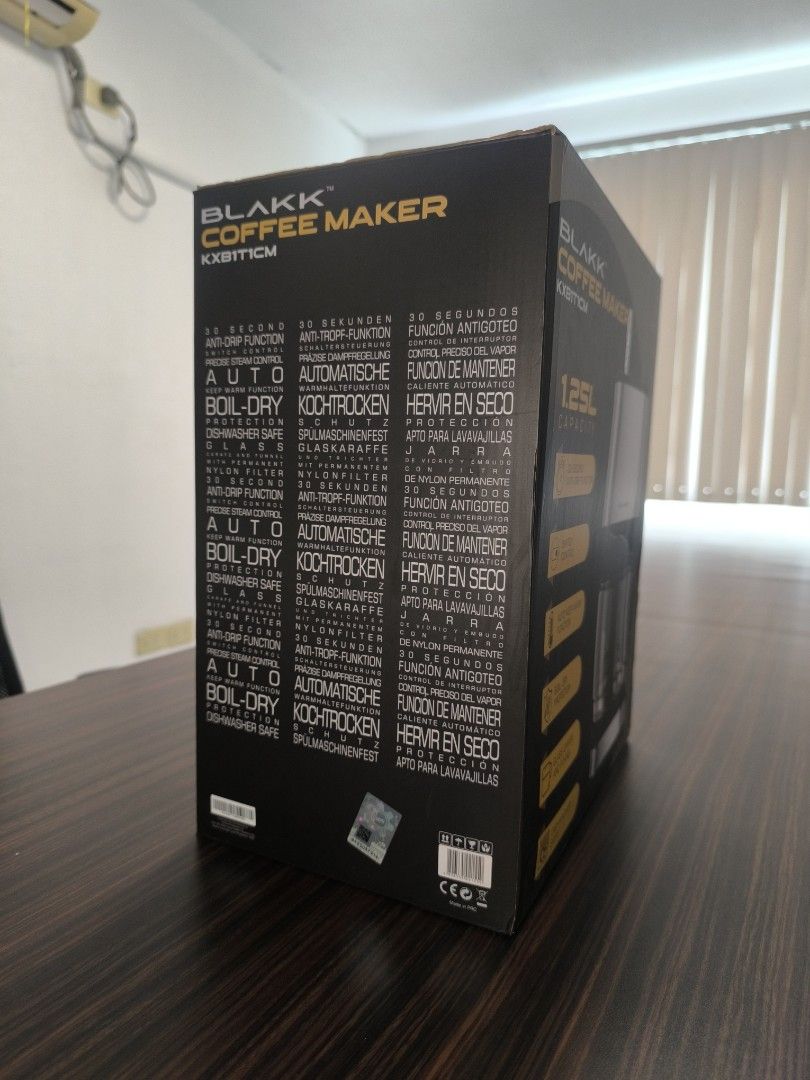 Blakk Coffee Maker KX811CM 1.25L (Category: Coffee Machines & Makers) located in Manila. Submitted by kamisama16 (Listing ID 1422599474, Image 2). Description: - Blakk Coffee Maker KX811CM - 1.25L capacity - Stainless steel finish - Boil-dry protection - Anti-drip function - Includes user manual - Unused, in original box.