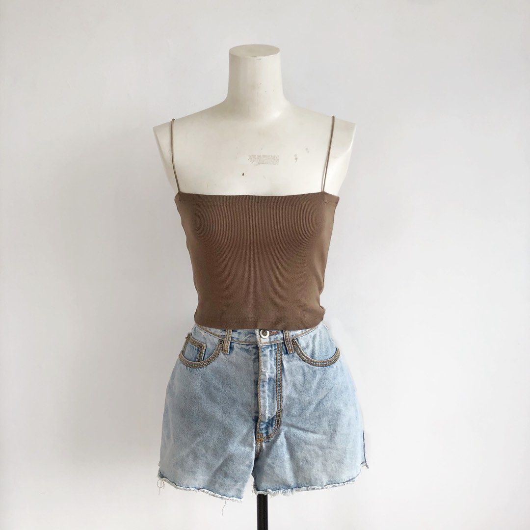 BRAND NEW STRING CAMI TAUPE OLIVE GREEN BROWN RIBBED KNIT BASIC CROP TOP (Category: Sleeveless) located in Las Pinas. Submitted by mkjpcloset (Listing ID 1422564585, Image 3). Description: LOC: LAS PIÑAS FITS S-L upto 34” bust, 32” waist length including strap 16.5” *straps are too long, best to have it altered/removed.