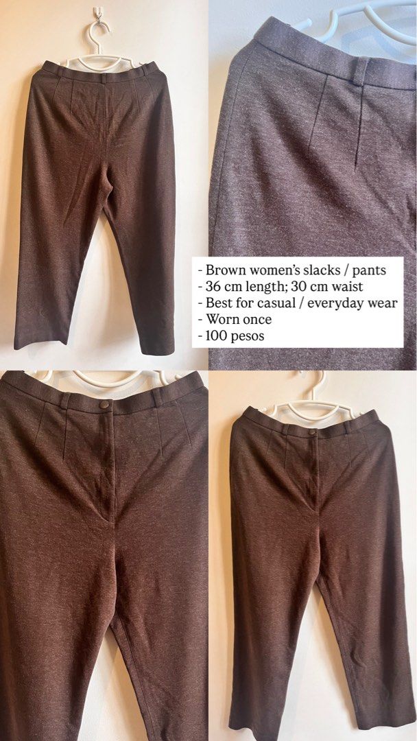 Brown Women's Slacks (Category: Other Bottoms) located in Quezon City. Submitted by softly.me (Listing ID 1422559453, Image 1). Description: - Brown women's slacks - Length: 36 cm - Waist: 30 cm - Suitable for casual/everyday wear - Worn once - Versatile addition to your wardrobe.