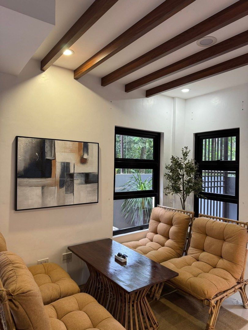 Coffee shop Rattan dining table and 4 chairs set (Category: Tables & Sets) located in Paranaque City. Submitted by FLess.ph (Listing ID 1422655577, Image 1). Description: Made to order 10-14 working days lead time Php 39,000 only Cushions included already to the price!! Cushions are very thick! Chairs seat area (24x24 ) inches Center Table wood top 24x48 inches - Rattan sofa set includes two loveseats and a coffee table. - Features a natural ratt