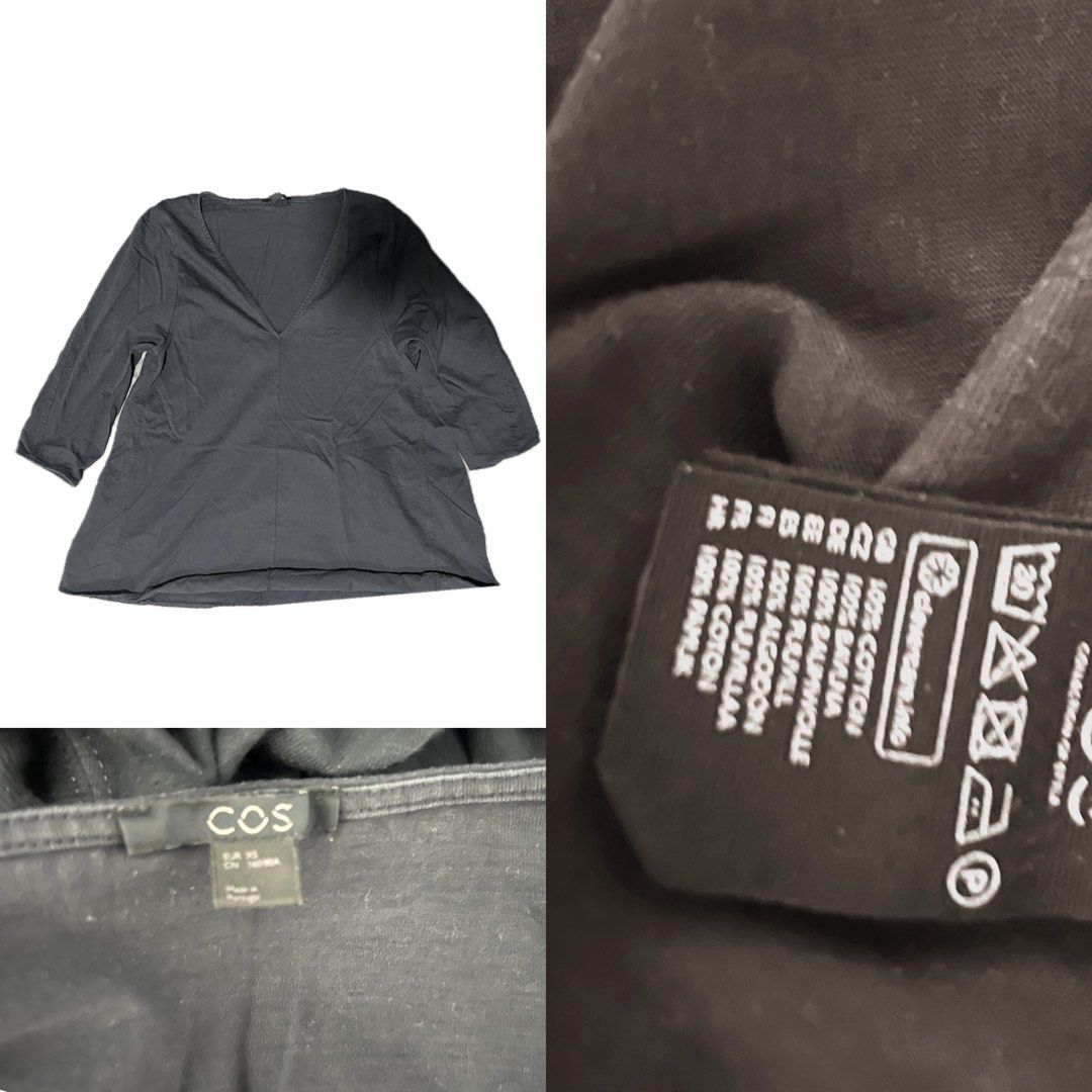 COS V-Neck Top (Category: Blouses) located in Urdaneta. Submitted by randomjess00 (Listing ID 1422658269, Image 1). Description: COS top features a V-neck design and three-quarter sleeves. The tag indicates the fabric is made of cotton, linen, and wool. It is a dark color. The size is EUR 36, US 6, and CN 160/84A. The top has a relaxed fit..
