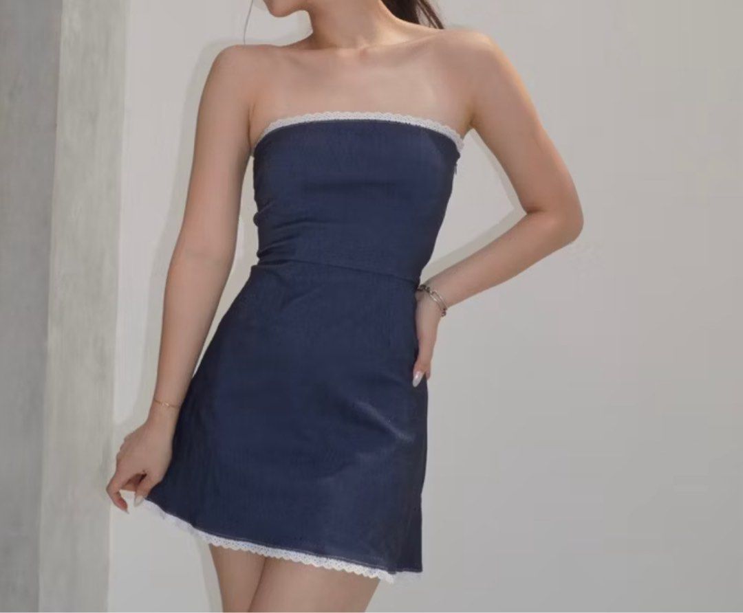 Denim Tube Dress with Lace Trim (Category: Dresses) located in Quezon City. Submitted by samxg (Listing ID 1422666708, Image 3). Description: soft denim fabric! never worn, perfect for night outs / date night.
