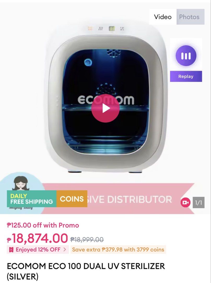 Ecomom Baby Bottle UV Sterilizer (Category: Breastfeeding & Bottle Feeding) located in Paranaque City. Submitted by colinmq (Listing ID 1422644393, Image 2). Description: ECOMOM Baby Bottle UV Sterilizer Used SRP: P18,874 Selling for: ₱10k Delivery care of buyer .