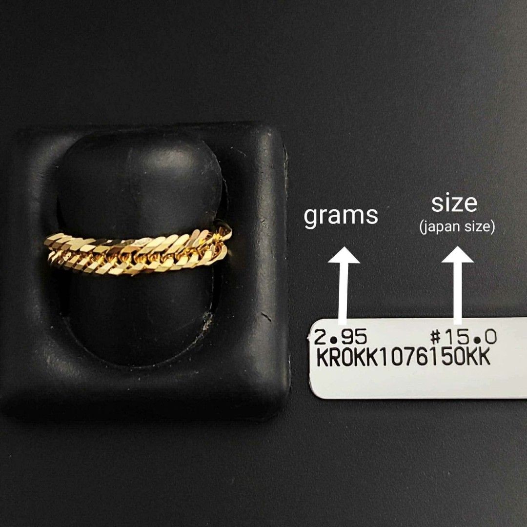 K18 pawnable Japan Kihei Rings (Category: Rings) located in Manila. Submitted by franchezleyjewelers (Listing ID 1422710294, Image 3). Description: Genuine K18 Japan Kihei rings. Available sizes are #9 (Size 5), #17 (Size 8.5), #19 (Size 9.5), #21 (Size 10-10.5), #23 (Size 11), #25 (Size 12), and #29 (Size 12.5). The rings are 2g+..