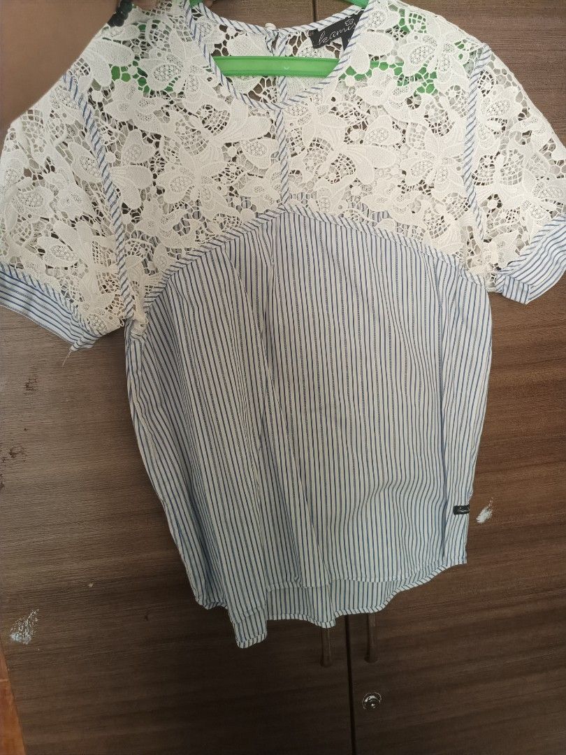Kamiseta Lace and Striped Top (Category: Blouses) located in San Jose. Submitted by caseyc88 (Listing ID 1422601754, Image 1). Description: - Brand: Kamiseta - Style: Top - Design: Lace and striped - Upper: White lace - Lower: Blue and white stripes - Sleeves: Short - Neckline: Round - Size: Medium.